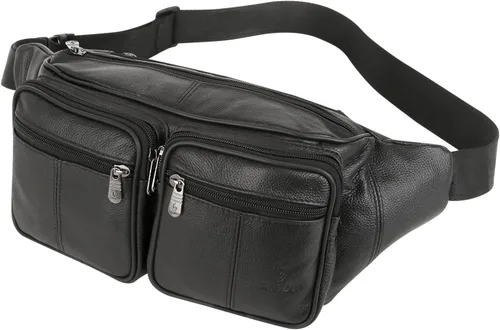 Riñonera de piel auténtica, bolsa de cintura, organizador con cinturón ajustable, múltiples bolsillos para hombres y mujeres, Negro-878 Grande, L