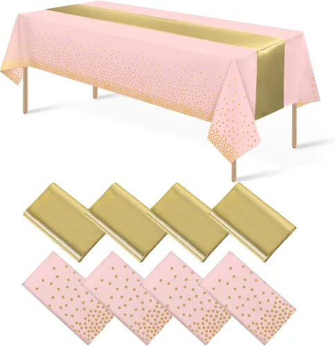 Miniatura 25 de 8 paquetes de manteles de plástico desechables y juego de camino de mesa de satén negro con dorado, mantel de satén dorado para graduación, boda