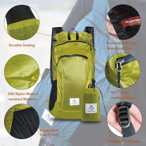 Miniatura 2 de Mochila 4Monster de excursionismo, de día, resistente al agua, ligera, plegable, para viajes, campamento, exteriores Amarillo Verde