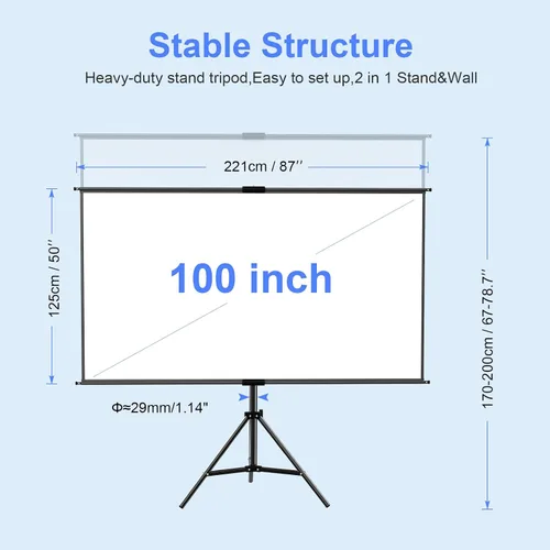 Miniatura 2 de Pantalla de proyector con soporte de 100 pulgadas, pantalla de proyección para interiores y exteriores con respaldo negro, pantalla de trípode 16:9