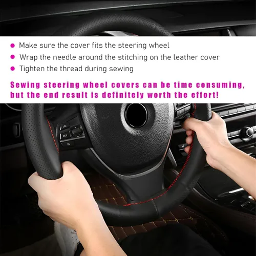 Miniatura 5 de Ziciner - Funda de cuero genuino para volante, transpirable, antideslizante, protector de volante de automóvil para un diámetro máximo de 15 Negro