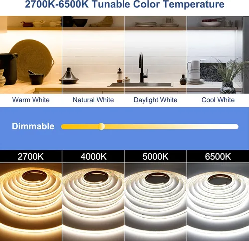 Miniatura 3 de CCT COB - Tira de luces LED blancas sintonizables, 16.4 pies, regulables, 2700 K-6500 K, 24 V, sintonizables, tira de luces LED blancas de alta