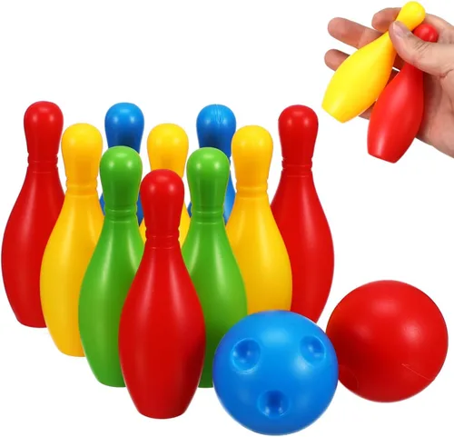 Kisangel Mini juego de bolos para niños, 10 pines coloridos, 2 bolas, botellas de 4.33 pulgadas de alto, juego educativo de bolos para interiores y