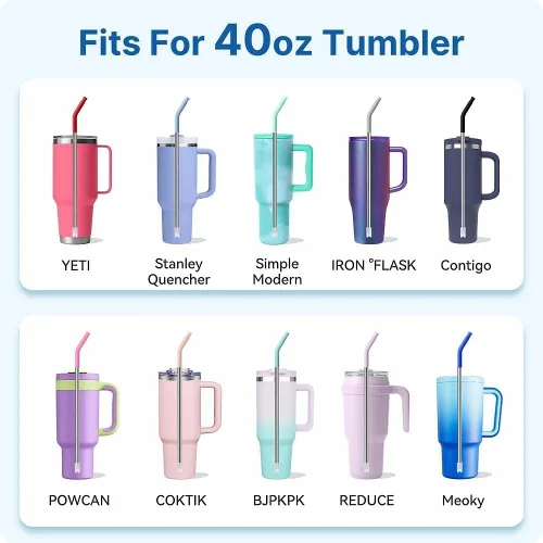 Miniatura 5 de Pajitas de metal rectas para vaso Stanley de 40 onzas, paquete de 3 popotes reutilizables de acero inoxidable con puntas de silicona y cepillo