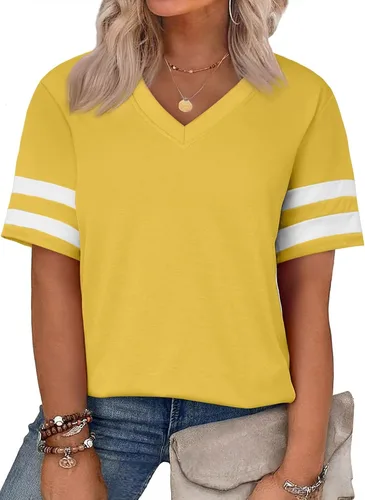 Miniatura 49 de Eytino Blusas de talla grande para mujer, cuello en V, manga corta, a rayas, casual, holgada, con bolsillo (1X-5X)