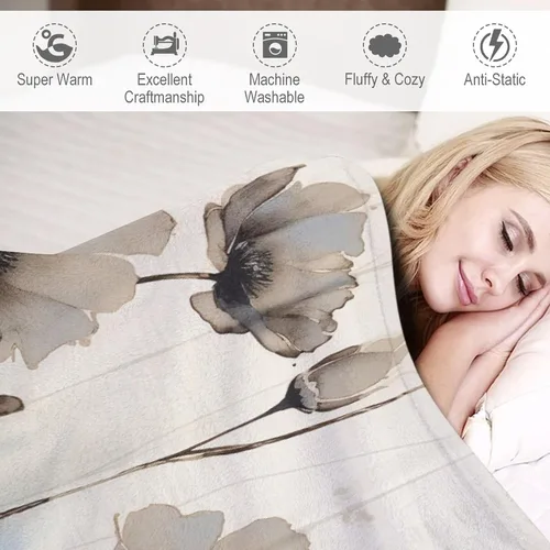 Miniatura 4 de Manta decorativa de flores beige, blanco crema, blanco, azul, gris, flores anchas, manta suave de 30 x 40 pulgadas, manta de franela para sofá
