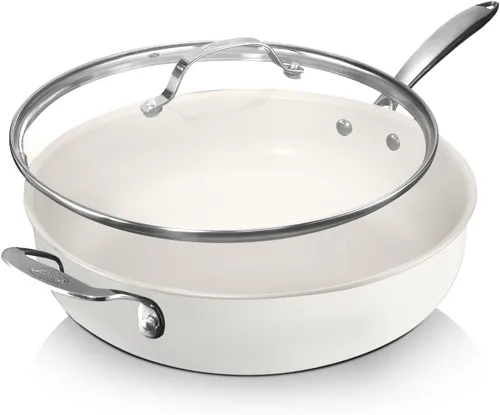 GOTHAM STEEL Sartén antiadherente de 5.5 cuartos de galón con tapa, 100% cerámica sin PFOA, apta para lavavajillas, color blanco crema