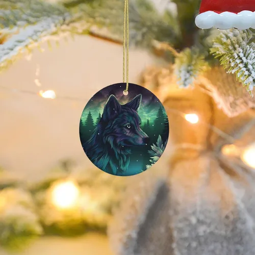 Adornos de cerámica para árbol de Navidad, diseño de lobo del bosque, adornos redondos de cerámica, divertidas decoraciones de Navidad, colgantes de