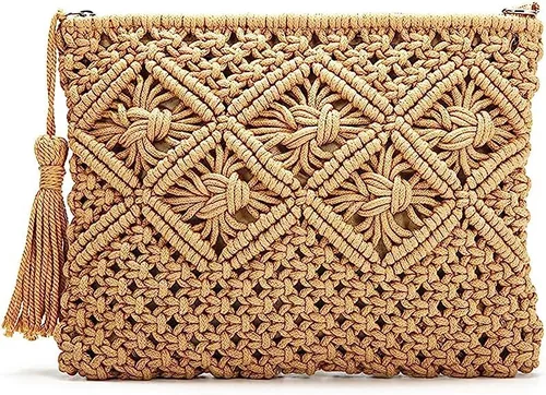 Miniatura 8 de Magibag Bolso de mano con borla de ganchillo, bolsa de mano de algodón, macramé, bolso de mano tejido a mano, bolso de pulsera con cremallera