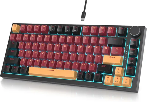 Miniatura 23 de Fogruaden Teclado para juegos con cable, 75 por ciento, intercambiable en caliente, teclado mecánico cremoso de montaje en junta con perilla