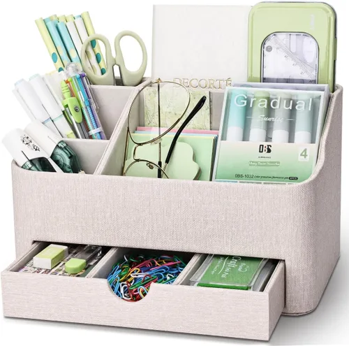 KINGFOM Organizador de escritorio con cajón, soporte multifuncional para lápices para escritorio, organizador de escritorio y accesorios con 5 Beige