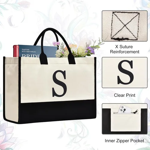 Miniatura 18 de Initial Canvas Tote Bag Birthdays Gift for Women Mom Teacher Friend Bridesmaid,Custom for Wedding Beach Holidays