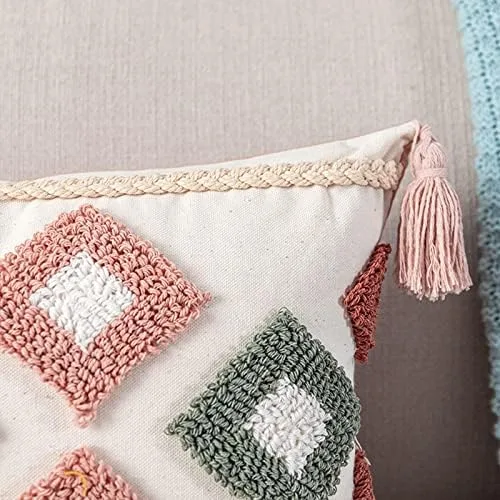 Miniatura 3 de Bonita funda de almohada lumbar tejida de algodón rosa con borlas y diamantes étnicos bohemios indios con borlas, funda de cojín acogedora