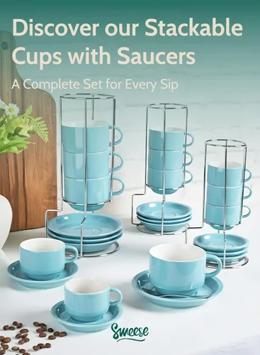 Miniatura 8 de Sweese - Juego de 4 tazas de espresso apilables de porcelana de 4 onzas con platillos y soporte de metal, color turquesa