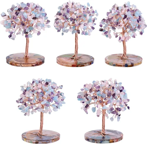 Miniatura 5 de SUNYIK Juego de árbol de dinero de cristal hecho a mano sobre base de rodajas de ágata orgánica, árbol de la vida curativo de cristales de chakras