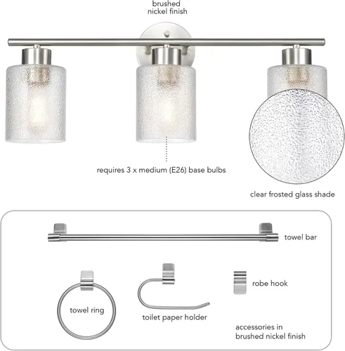 Miniatura 6 de GLOBE Electric 63000062 - Juego de baño todo en uno de 5 piezas, negro mate y latón, luz de tocador de 3 luces, vidrio sembrado, toallero, soporte