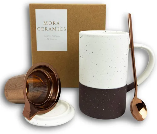 Miniatura 10 de Taza de Té Mora Ceramics con Infusor de Hojas Sueltas, Cuchara y Tapa, 12 oz, Taza de Café Apta para Microondas y Lavavajillas - Esmalte Cerámico