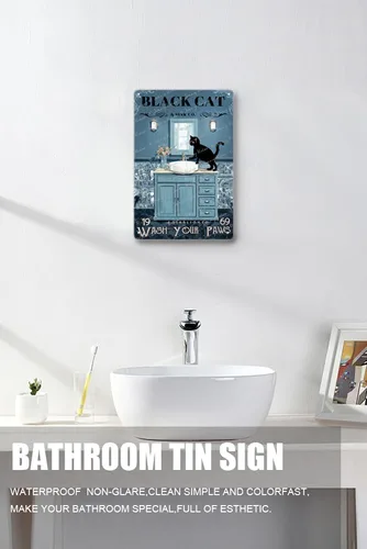 Miniatura 4 de Zomyto Letrero de metal retro para decoración de baño, diseño de gato negro con texto en inglés "Wash Your Paws", divertido póster para baño, baño