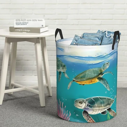 Miniatura 8 de Cesta circular con estampado de tortugas marinas y peces impermeable, cesta organizadora de lavandería, con asas, para ropa, juguetes, pequeña