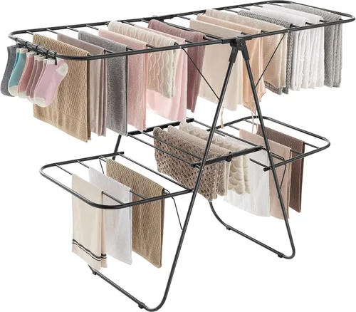Miniatura 11 de SONGMICS ULLR053W01V1 - Tendedero plegable de dos niveles para ropa, estante de secado de ropa para lavandería, secador de ropa independiente