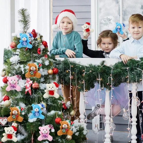 Miniatura 6 de 12 piezas de mini oso de Navidad de 3.15 pulgadas, oso de peluche suave, juguete de animal de peluche, adorno lindo para árbol de Navidad, llavero