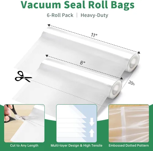 Miniatura 2 de Aotto Bolsas selladoras al vacío para alimentos, paquete de 6 bolsas de 8 x 20 pies (3 rollos) y 3 rollos de 11 x 20 pies (3 rollos) de grado