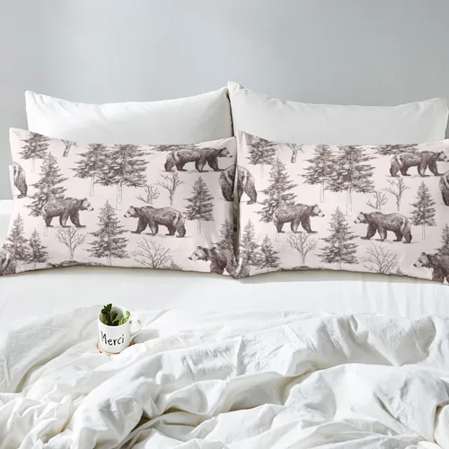 Miniatura 5 de Juego de ropa de cama de oso tamaño individual con diseño de osos y ramas de árbol genealógico, sábana bajera ajustable con diseño de árboles