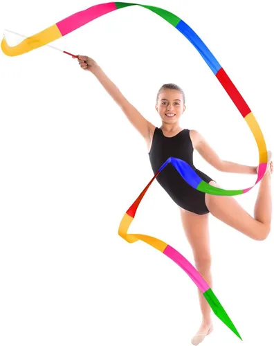 Miniatura 5 de Paquete de 4 cintas de baile de 6.6 ft, cintas de gimnasia rítmica con serpentinas de arco iris, varitas giratorias en palos para baile artístico
