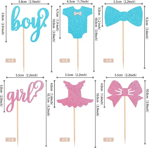 Miniatura 2 de Paquete de 24 adornos para cupcakes para niños o niñas, con purpurina rosa y azul, palillos para cupcakes de baby shower, corbatín, mameluco, mono