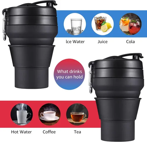 Miniatura 3 de Paquete de 2 tazas de café plegables de silicona de 16 onzas, 16.2 fl oz, a prueba de fugas, botella deportiva portátil con tapas para senderismo
