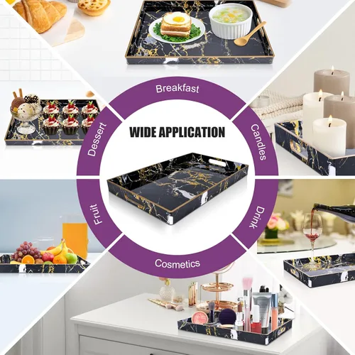 Miniatura 6 de Gifturbo - Bandeja de servir negra, bandejas de servir decorativas de mármol con asas, bandejas rectangulares de plástico para mesa de café otomanas