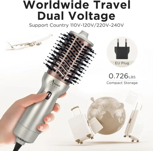 Miniatura 2 de Aima Beauty Cepillo de Aire Caliente de Viaje Mundial 4 en 1 Cepillo de Peinado de Doble Voltaje Forma Ovalada 110V-120V/220V-240V Alisador Cepillo