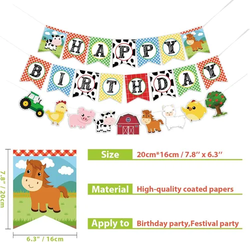 Miniatura 4 de WERNNSAI Cartel de cumpleaños de animales de granja, pancarta de feliz cumpleaños con guirnalda de banderines de tractor para niños y niñas, Azul
