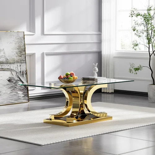 Miniatura 111 de Mesa de centro de cristal de lujo, mesa de centro de sofá de 47 pulgadas con marco de acero inoxidable dorado y parte superior de vidrio negro, mesa