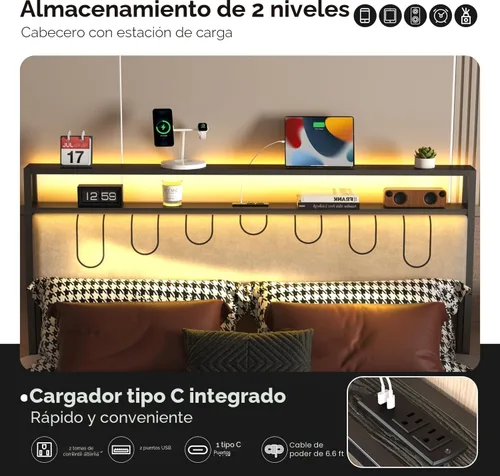 Miniatura 5 de J.Fkne Base de cama matrimonial con estación de carga y luces LED, plataforma de cama de tamaño matrimonial con listones de metal, cabecera tapizada