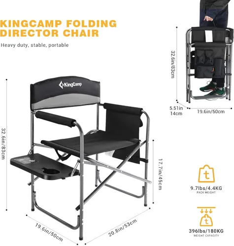 Miniatura 3 de KingCamp Silla de directores de camping con mesa auxiliar, portavasos y bolsillo lateral para adultos, silla plegable resistente, soporta 396 libras
