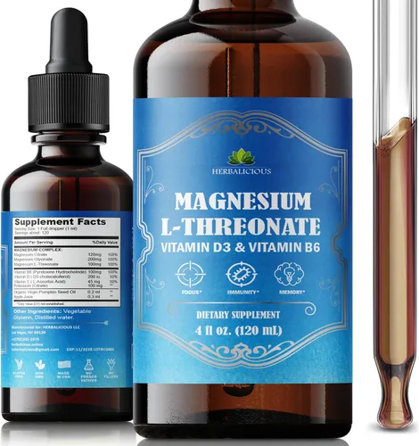 HERBALICIOUS Líquido complejo de magnesio con vitamina D3 y B6 - Citrato de alta absorción, glicinato y L-treonato - Apoya la energía, el estado de