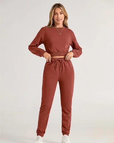 Miniatura 21 de BTFBM Conjunto deportivo de 2 piezas para mujer, camiseta corta de manga larga, sin botones, pantalón con cordón ajustable, pantalones deportivos