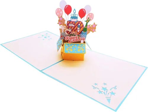 Miniatura 4 de iGifts And Cards Tarjeta de felicitación desplegable 3D con caja de fiesta de cumpleaños número 50 color azul – Cincuenta, impresionante, globos