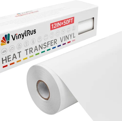 VinylRus Vinilo de transferencia de calor, rollo de vinilo blanco para planchar de 12 pulgadas x 50 pies para camisas, vinilo HTV para Silhouette