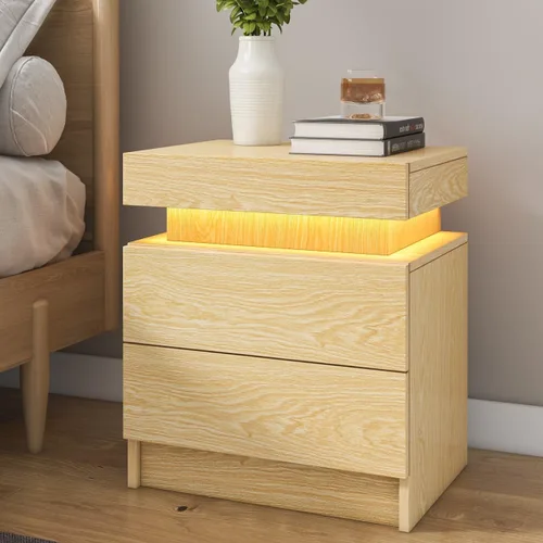 Miniatura 11 de HOMMPA Mesita de noche LED, mesita de noche blanca con luces LED, moderna mesita de noche con 2 cajones de alto brillo, mesita de noche inteligente