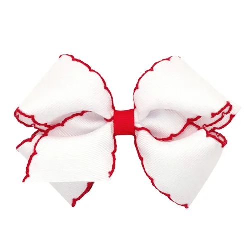 Miniatura 20 de Wee Ones - Lazo clásico de grogrén con borde de puntadas lunares para niñas, con clip para cabello WeeStay, borde en contraste, King, blanco