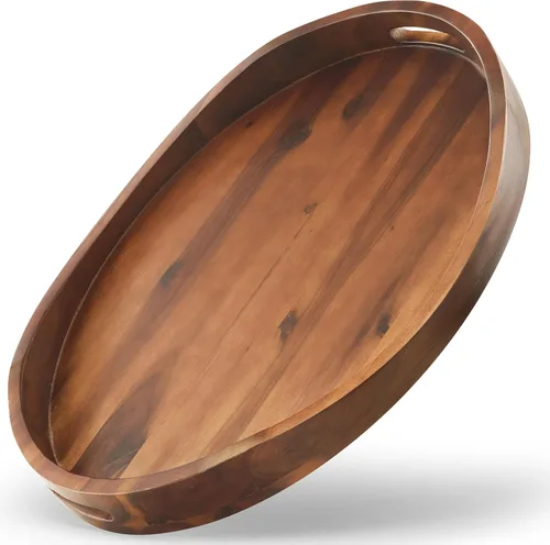 Miniatura 8 de TIDITA Bandeja de servir ovalada de madera de acacia con asas - 16.5" x 13" Bandeja otomana de mesa ovalada de madera - Bandeja de servir redonda