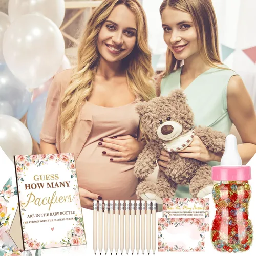 Miniatura 5 de Syhood Floral Baby Shower Games Guess How Many Pacifiers - Cartel de juego 50 pequeños juegos de adivinanzas, 20 lápices HB, botella de leche