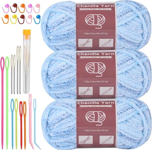 Miniatura 30 de LUNARM Hilado de chenilla para tejer y hacer ganchillo, 3 madejas de 240 metros de hilo grueso, suave y voluminoso, para tejer mantas, ropa y Beige