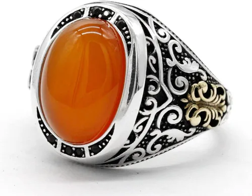 Miniatura 2 de Orange Agate Stone 925 Sterling Silver Men's Ring Arab Design Men's Ring Gift For Others