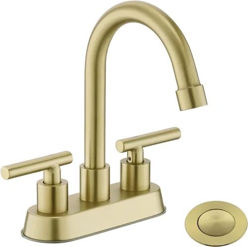 llave de baño, grifo de fregadero de 2 manijas dorado, grifos de baño dorados, llave de fregadero central de 4 pulgadas con drenaje emergente y Oro