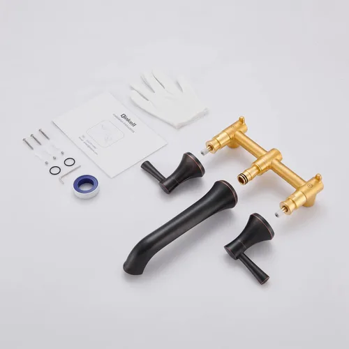 Miniatura 7 de Grifo de bañera de montaje en pared Qinkell, grifos de bañera de bronce cepillado en aceite para bañera romana, grifos de bañera de alto flujo