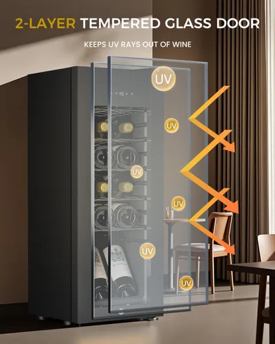 Miniatura 6 de Feelfunn Refrigerador de vino de 12 botellas – Pequeño refrigerador de vino para tinto, blanco, champán, bodega independiente con puerta de vidrio