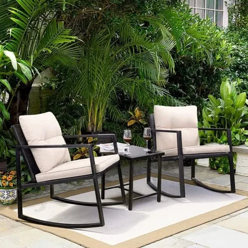 Miniatura 4 de Juego de 3 sillas mecedoras de patio para exteriores con mesa auxiliar (beige), 23.50 x 28.70 x 35.00 pulgadas (largo x ancho x alto) (T998142)